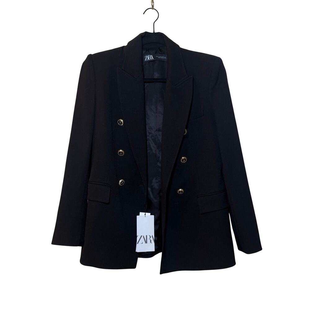 Zara Black Double-Breasted Blazer with Gold Button sz Medium